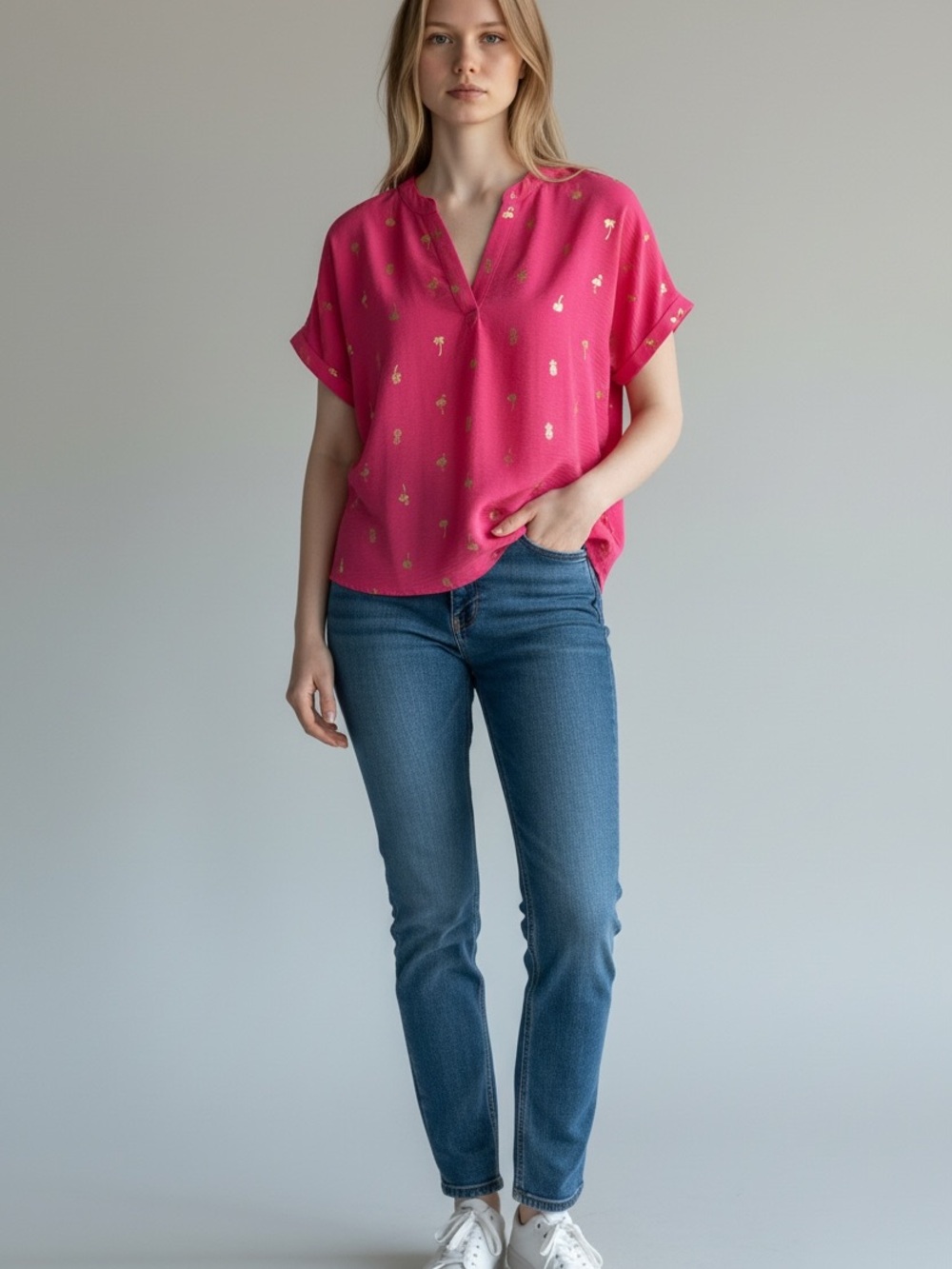 Chenault Hot Pink V-Neck Short Sleeve Blouse
